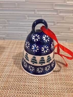 Boleslawiec Polish Pottery Bell Ornament- Blue Snowflake Tree. Missing Clapper